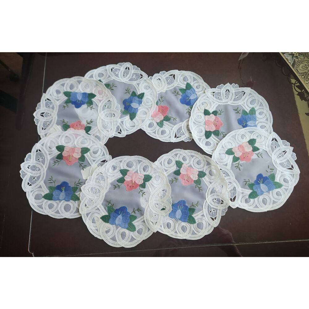 Elegant Handmade Silk Doilies with Floral Applique - Set of 8